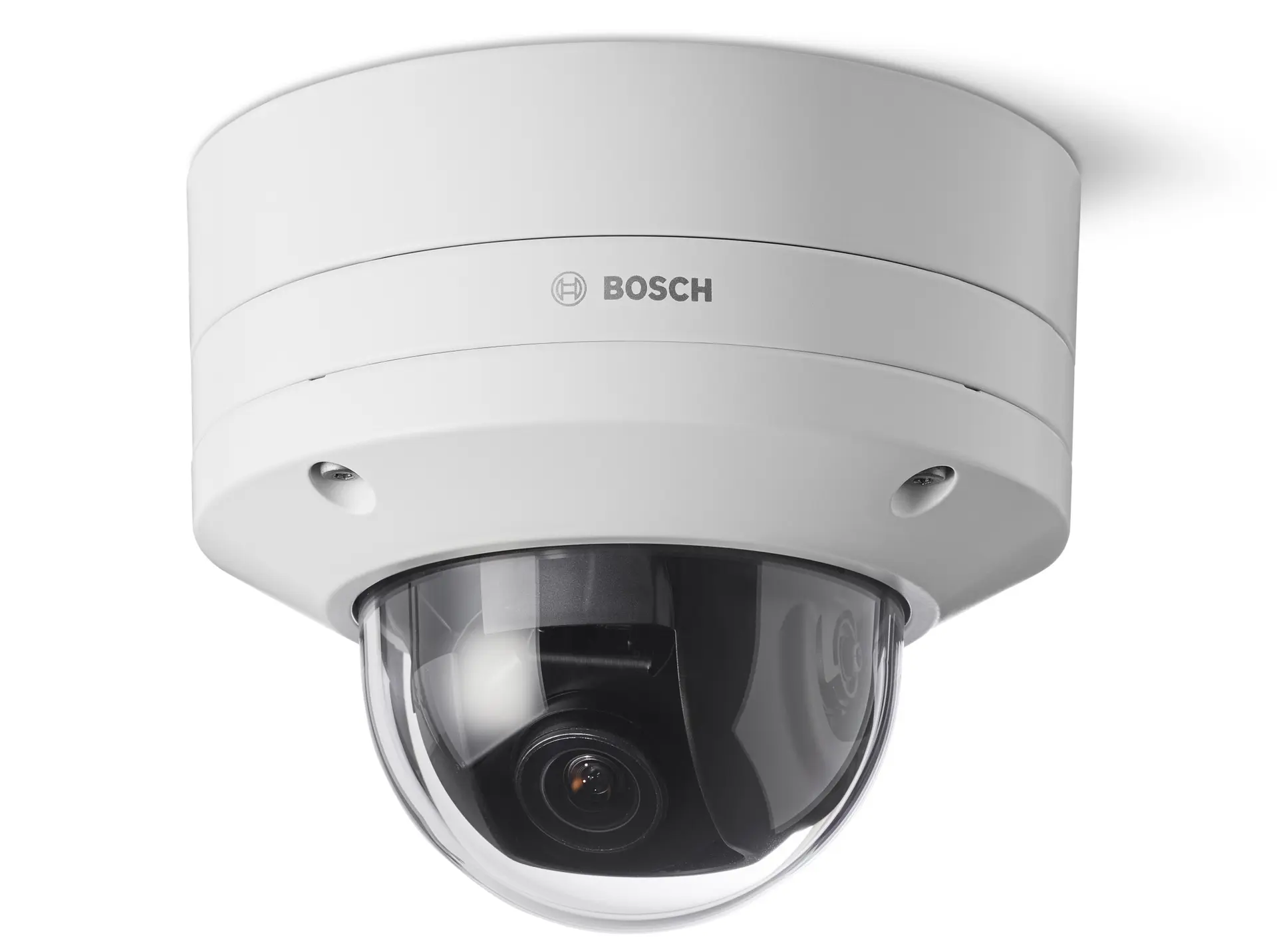 White Bosch FLEXIDOME 8100i dome surveillance camera with a clear protective cover, mounted on a ceiling.